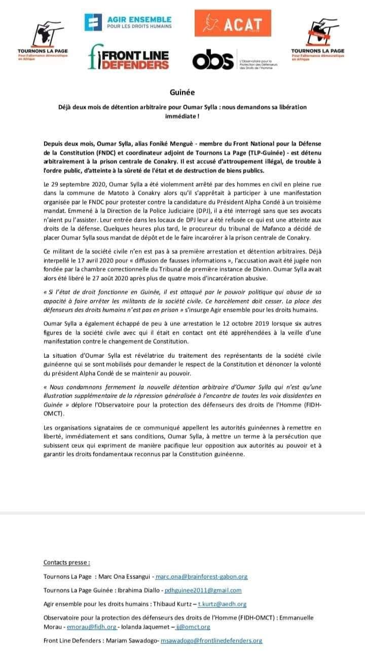 Justice : des ONG internationales demandent la libération de Fonikè Mengué