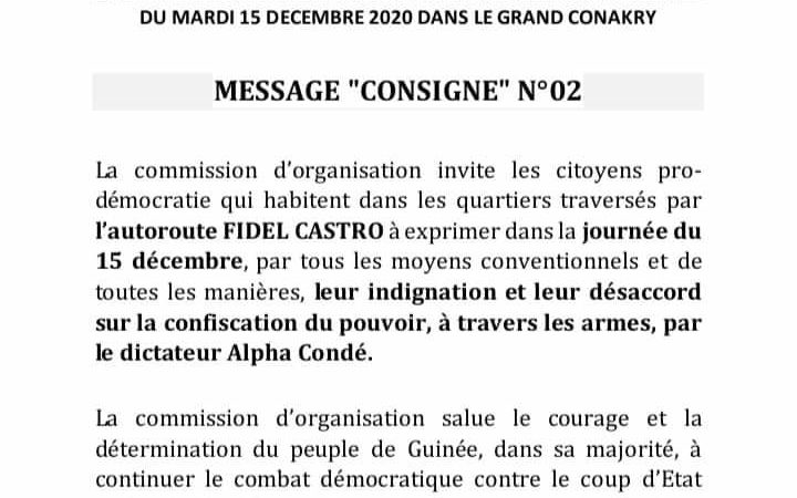 La Manifestation du FNDC le 15 Déc. MESSAGE CONSIGNE N°02
