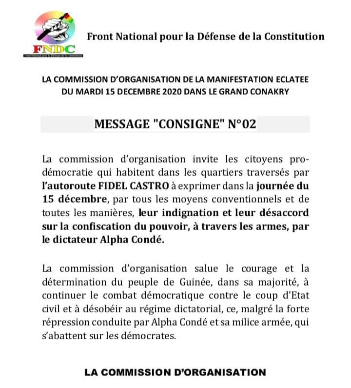 La Manifestation du FNDC le 15 Déc. MESSAGE CONSIGNE N°02