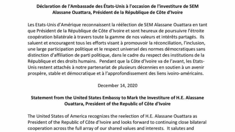 Déclaration: de U.S. Embassy Abidjan à l&rsquo;occasion de l&rsquo;investiture de SEM Alassane Ouattara, Président de la République de Côte d’Ivoire