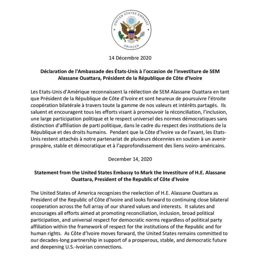 Déclaration: de U.S. Embassy Abidjan à l&rsquo;occasion de l&rsquo;investiture de SEM Alassane Ouattara, Président de la République de Côte d’Ivoire